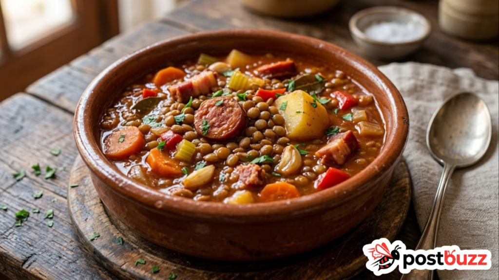 A close-up high-resolution shot of authentic Guiso de Lentejas stew with lentils, carrots, chorizo slices, and potatoes in a clay bowl.