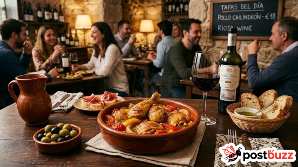 Traditional Spanish tapas bar setting with wine and authentic dishes, a perfect spot to find the best pollo al chilindron near me.