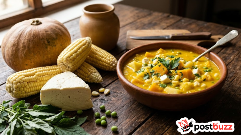 Fresh ingredients for authentic Peruvian Locro de Zapallo squash stew on a wooden table.