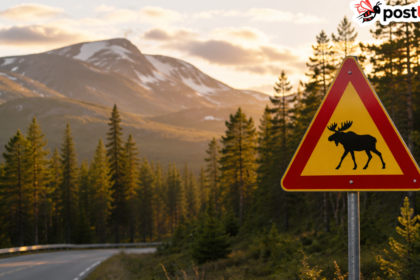 Moose warning sign on a rural Norwegian road landscape representing Viltnemnda wildlife management and safety