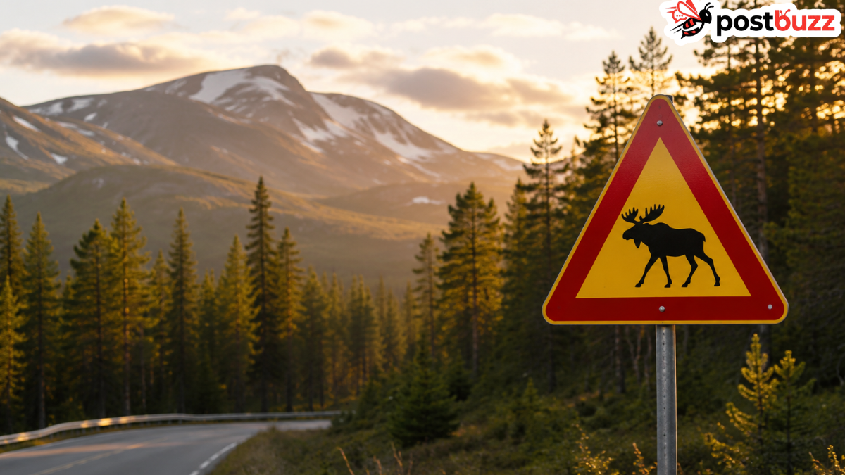Moose warning sign on a rural Norwegian road landscape representing Viltnemnda wildlife management and safety