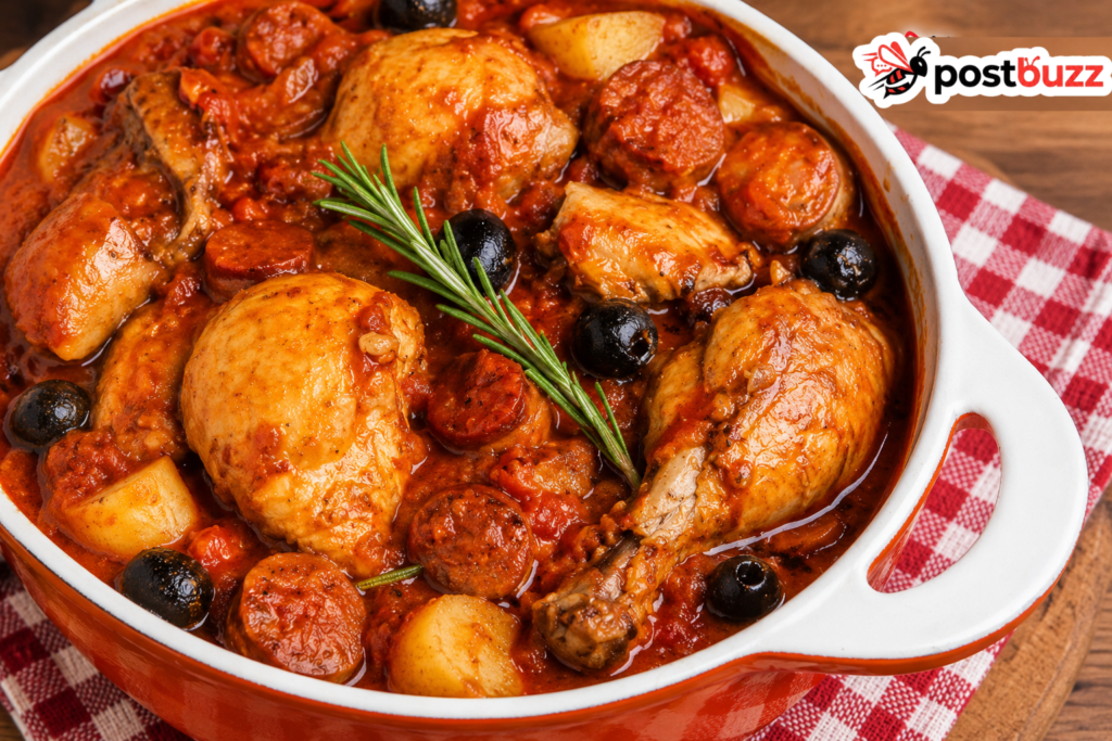 An authentic Spanish Pollo al Chilindron chicken stew served in a traditional dish, showcasing the best pollo al chilindron near me.