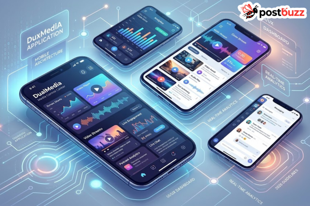 Application Mobile DualMedia business analytics and user engagement dashboard interface