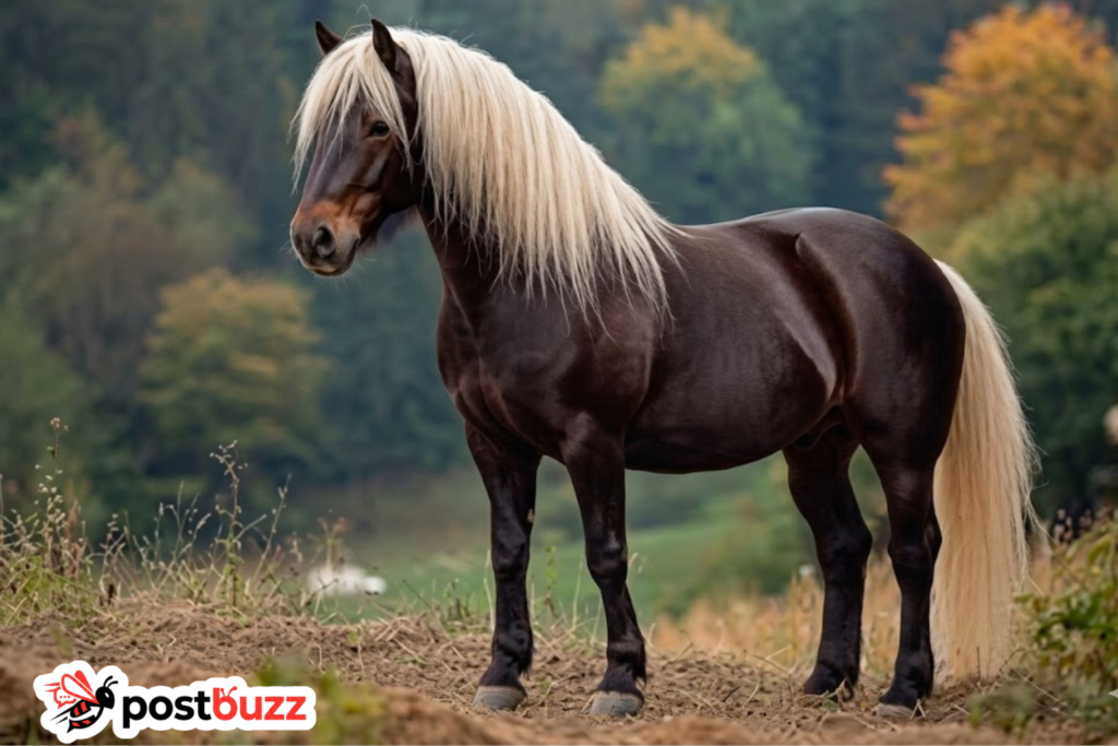 Black Forest Horse (BK Horse) in a natural forest setting, representing the breed's history in Southern Germany.