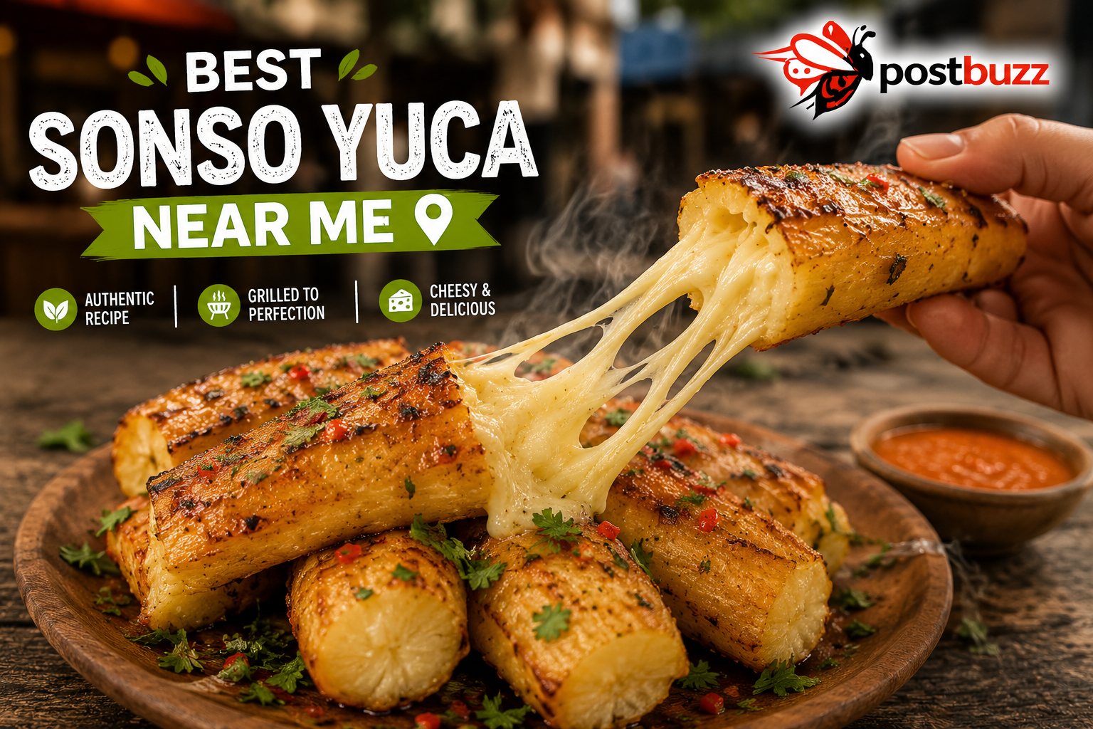 Authentic crispy and cheesy grilled Sonso Yuca served hot at a local street market