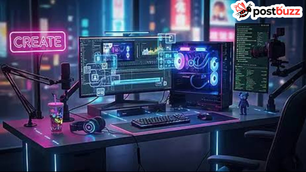 An advanced blog gaming dualmedia creator setup featuring dual screens and interactive content layers.