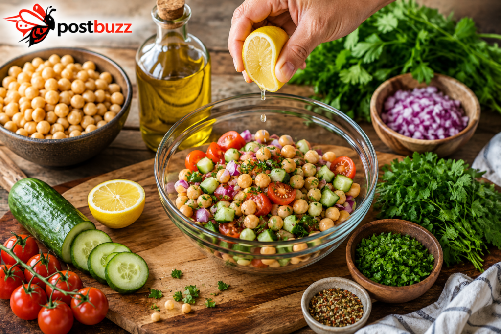 Ingredients for making a homemade Mediterranean ensalada de garbanzos receta