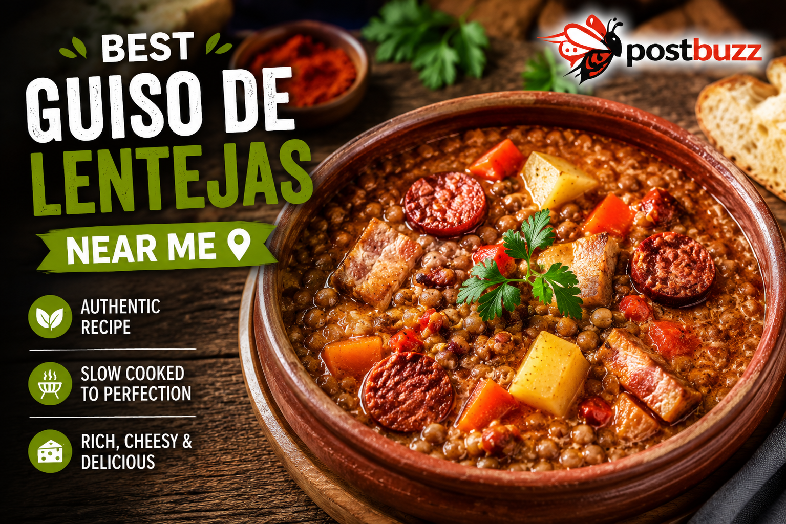 A hot bowl of authentic Argentine Guiso de Lentejas with chorizo and vegetables.