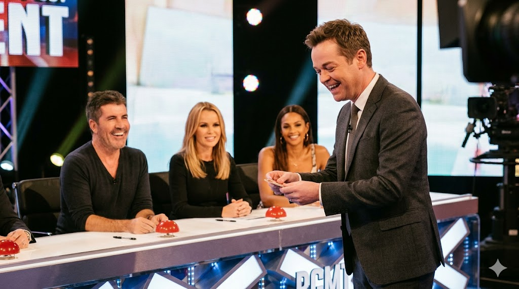 Stephen Mulhern performing magic trick with Simon Cowell on Britain's Got More Talent set