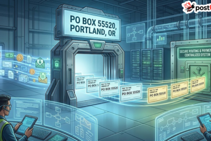 Digital illustration showing a secure financial processing center with automated systems routing payments to PO Box 55520 Portland, Oregon, monitored by professional analysts in a high-tech environment.