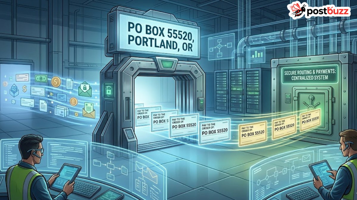 Digital illustration showing a secure financial processing center with automated systems routing payments to PO Box 55520 Portland, Oregon, monitored by professional analysts in a high-tech environment.