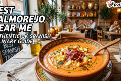 A professional feature image titled "BEST SALMOREJO NEAR ME" showing a warm bowl of authentic Spanish Salmorejo with egg and ham toppings inside a cozy UK Spanish restaurant setting, part of a culinary guide for food lovers.