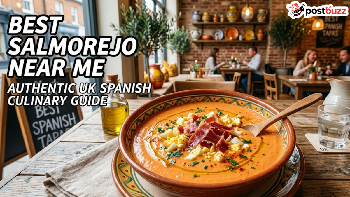 A professional feature image titled "BEST SALMOREJO NEAR ME" showing a warm bowl of authentic Spanish Salmorejo with egg and ham toppings inside a cozy UK Spanish restaurant setting, part of a culinary guide for food lovers.