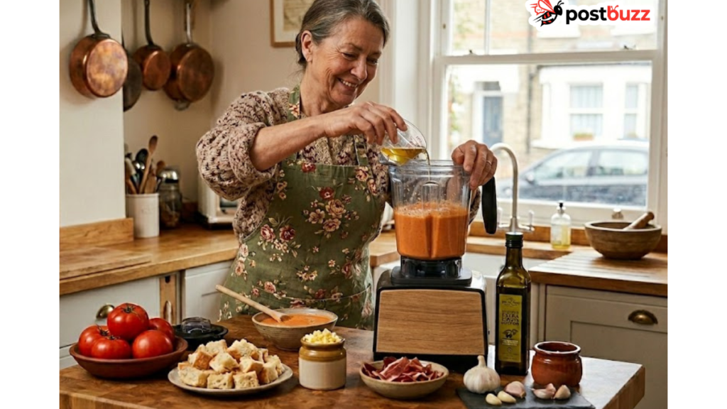 An authentic home kitchen scene featuring a woman preparing traditional Salmorejo in a blender, surrounded by fresh ingredients like tomatoes, garlic, olive oil, and bread.