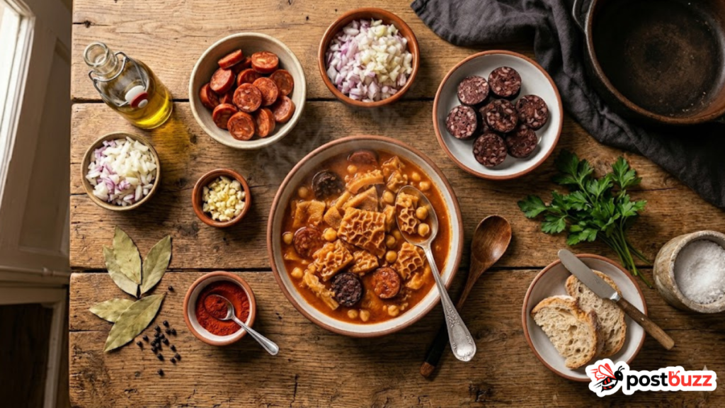 Ingredients for cooking Callos a la Madrileña including tripe, chorizo, morcilla, and smoked paprika on a rustic kitchen table.