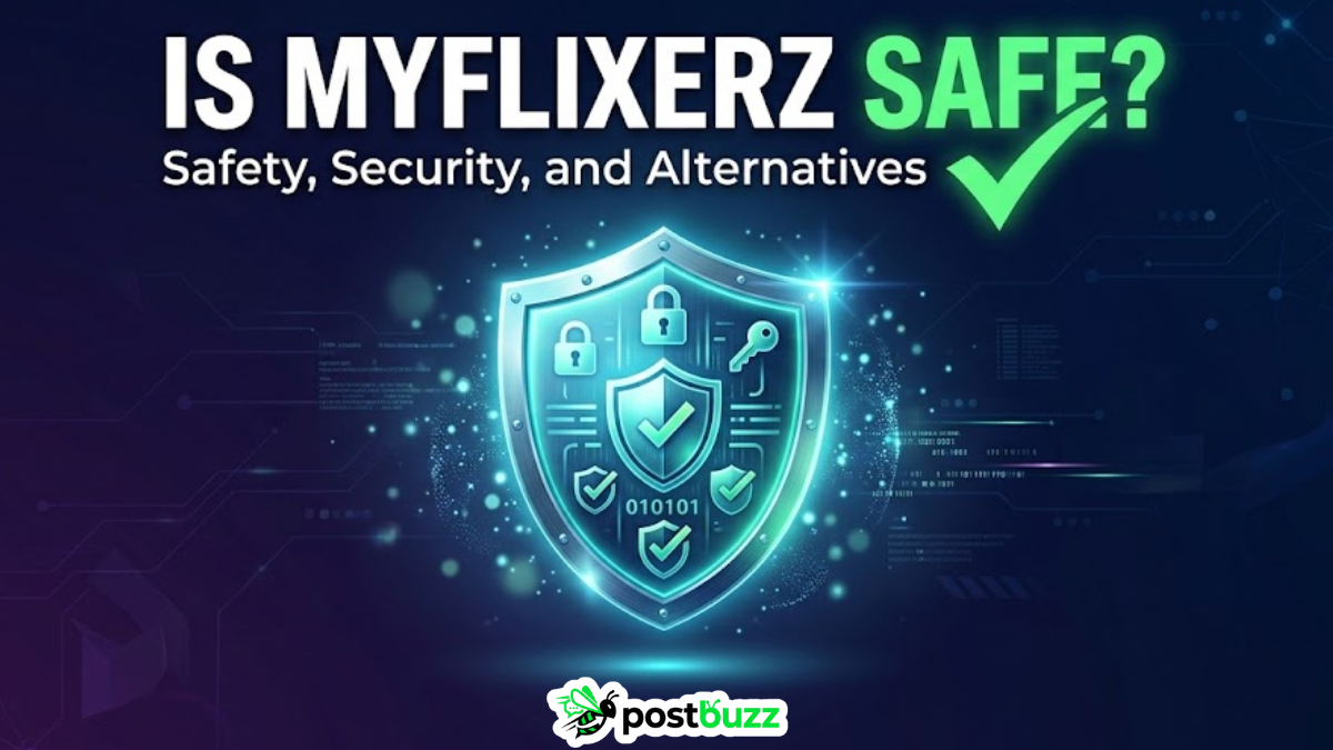 Cybersecurity shield icon representing a safety review of the MyFlixerz streaming website, focusing on digital protection, online security tips, and safe alternatives for 2026.
