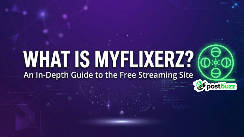 A deep purple and blue gradient tech background featuring abstract glowing network nodes, circuit lines, and a prominent glowing green film reel icon, designed to answer 'What is MyFlixerz?' as a clean and modern infographic heading.