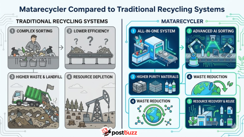 Matarecycler AI recycling system compared to traditional manual recycling sorting