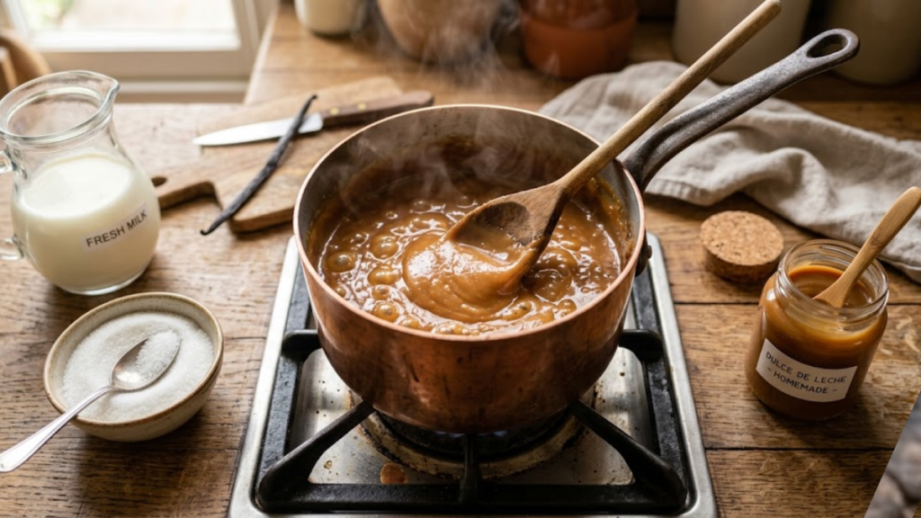 Dulce de leche cooking slowly in a pan with milk and sugar to make caramel sauce