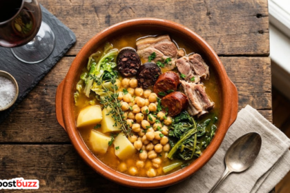 Authentic Cocido Gallego stew with pork, chorizo and chickpeas