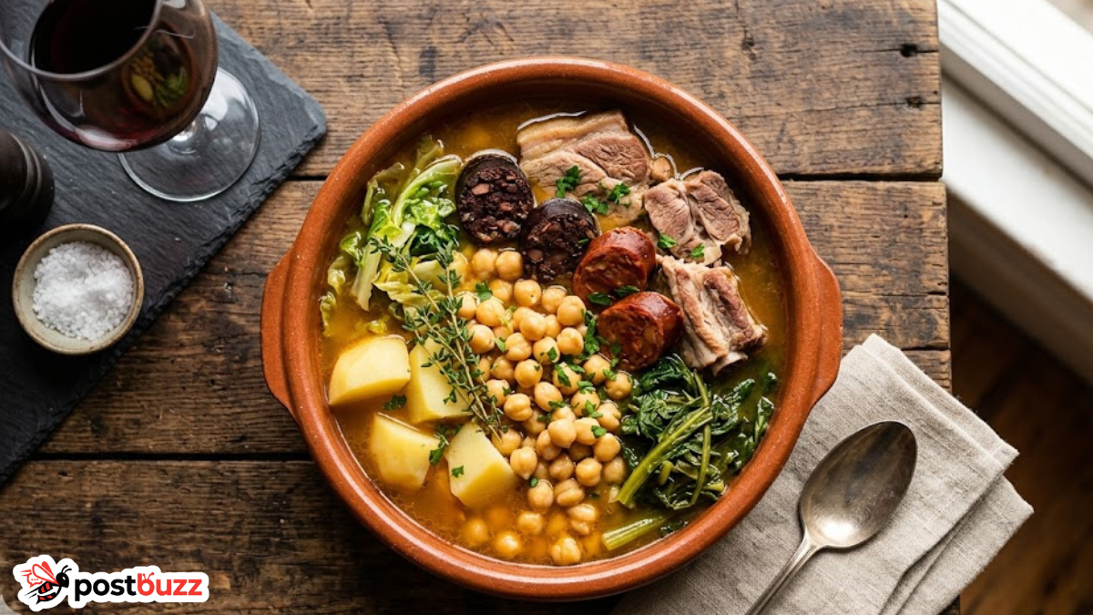 Authentic Cocido Gallego stew with pork, chorizo and chickpeas