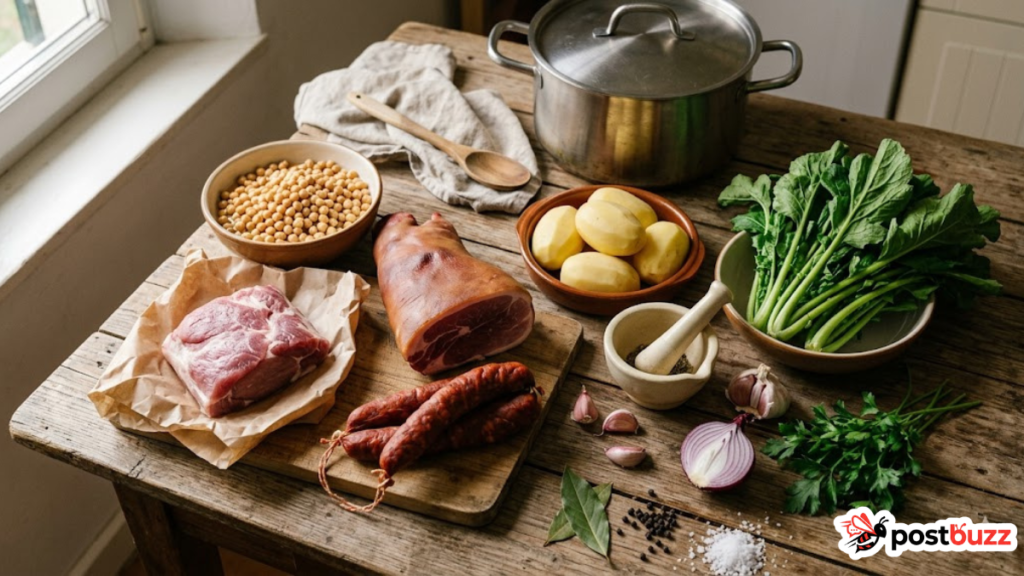 Raw ingredients for cooking Cocido Gallego including pork, chorizo, chickpeas and grelos
