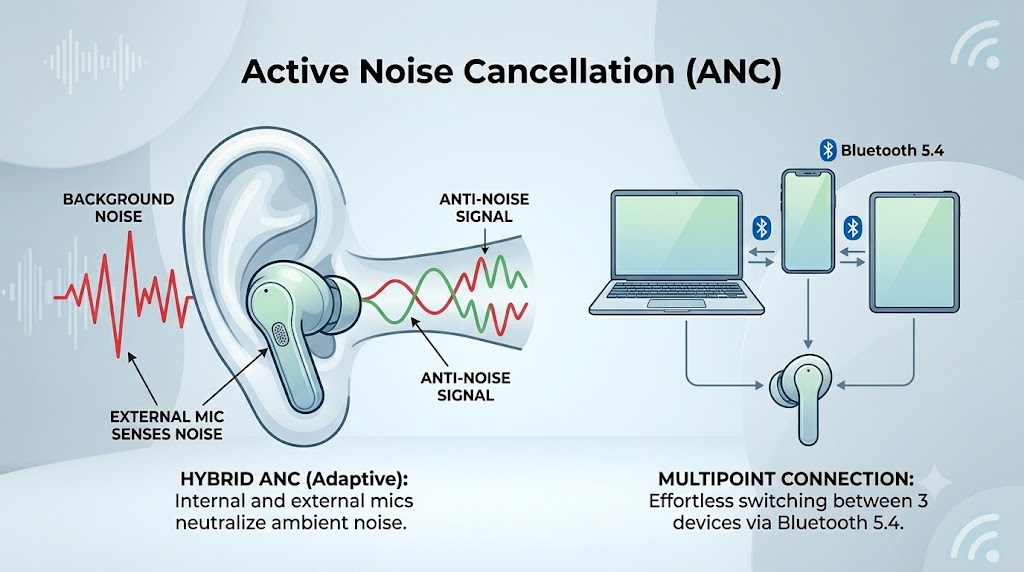 Infographic showing how Hybrid Adaptive ANC works in wireless earbuds and the benefits of Bluetooth 5.4 multipoint connectivity