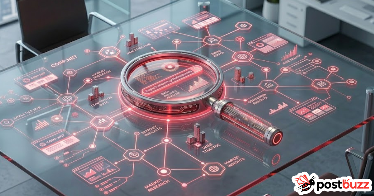 Professional conducting target company URL research and corporate digital analysis on a desktop