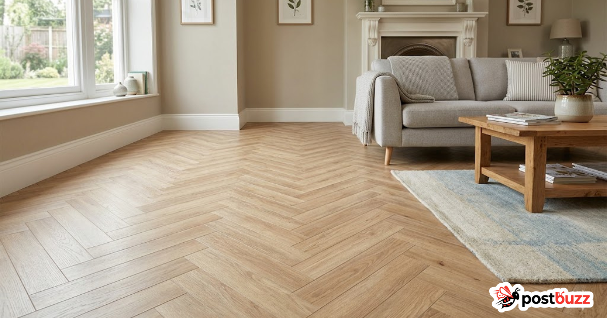 Herringbone laminate flooring installation in a modern UK home
