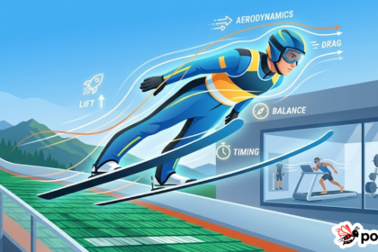 Ski jumper in mid-air using V-style technique with aerodynamic visualization