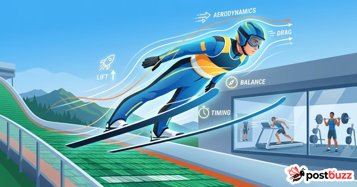 Ski jumper in mid-air using V-style technique with aerodynamic visualization