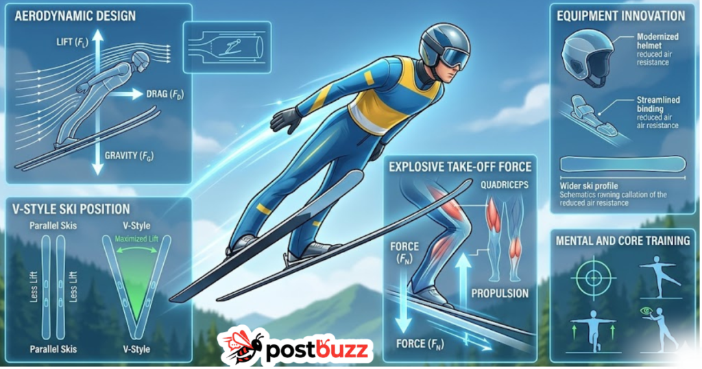 Infographic explaining the physics of ski jumping, V-style technique, and athlete training methods