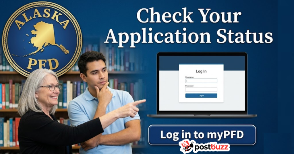 Alaska PFD application status portal showing a login screen with two people getting assistance in a library setting.