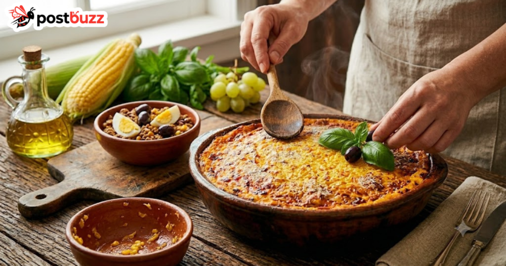 Preparing homemade Tarta de Choclo, a traditional Chilean corn pie, in a rustic kitchen setting.
