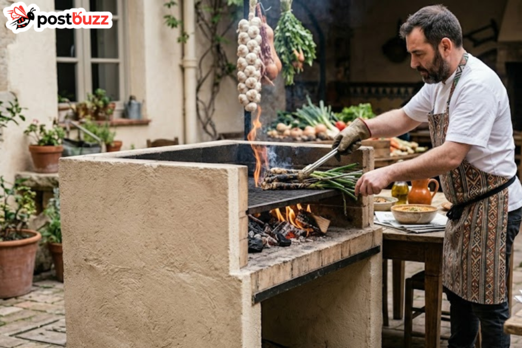 Professional chef grilling fresh calçots over an open wood fire for an authentic Catalan Calçotada preparation.