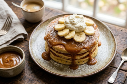 Best dulce de leche pancakes near me — fluffy pancakes drizzled with caramel sauce