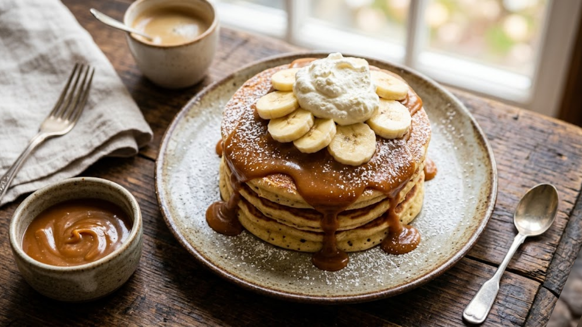 Best dulce de leche pancakes near me — fluffy pancakes drizzled with caramel sauce