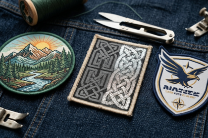 Woven patches attached to a denim jacket.