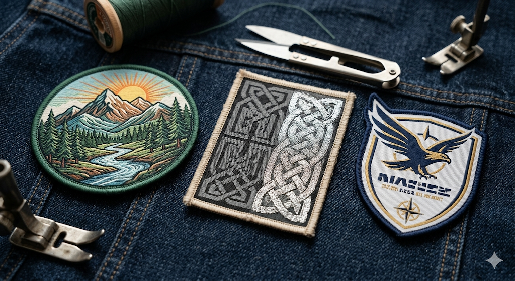 Woven patches attached to a denim jacket.