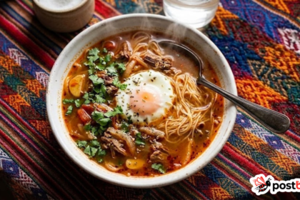 Bowl of authentic Peruvian sopa criolla soup with beef, angel hair noodles, poached egg, and cilantro garnish