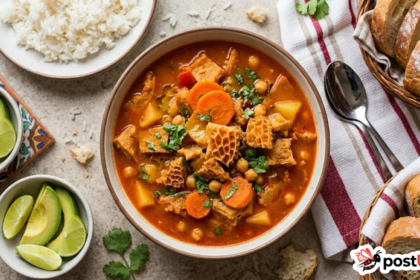 A top-down view of a rustic ceramic bowl filled with authentic Guiso de Mondongo tripe stew, surrounded by sides of white rice, avocado slices, fresh limes, and crusty bread on a stone table.