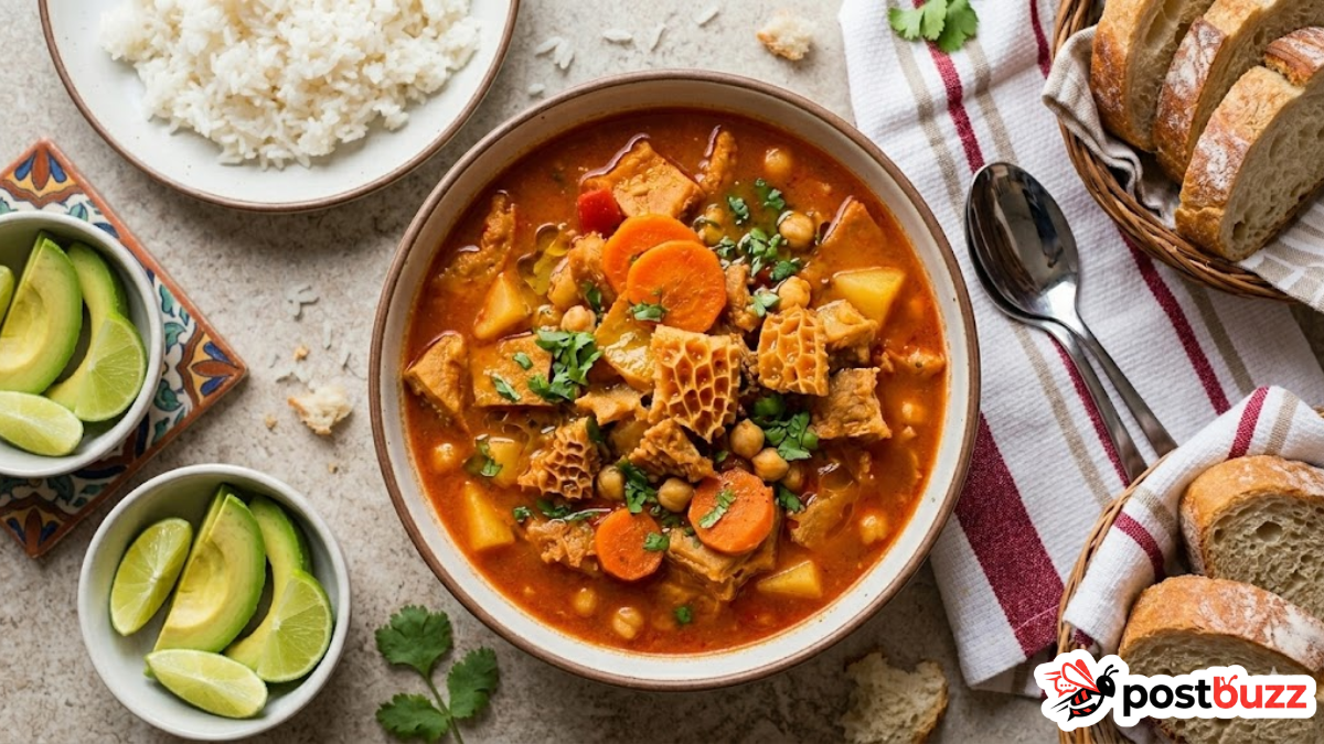 A top-down view of a rustic ceramic bowl filled with authentic Guiso de Mondongo tripe stew, surrounded by sides of white rice, avocado slices, fresh limes, and crusty bread on a stone table.