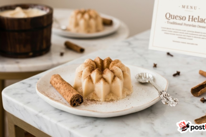 Gourmet Peruvian Queso Helado dessert served on a white artisanal plate on a marble table, garnished with ground cinnamon and cinnamon sticks.
