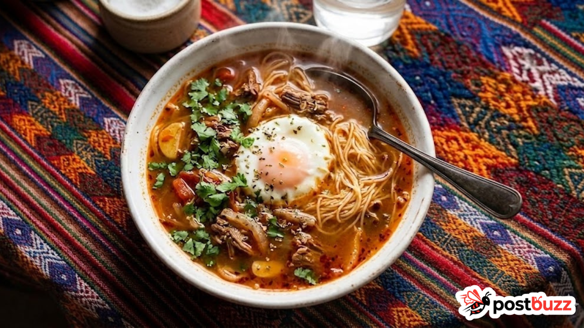 Bowl of authentic Peruvian sopa criolla soup with beef, angel hair noodles, poached egg, and cilantro garnish