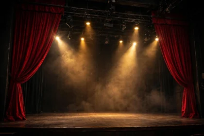Empty theatre stage with warm spotlights and a red curtain.