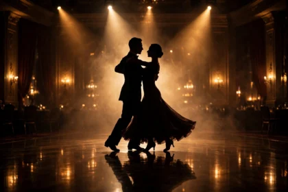 Ballroom dance couple in silhouette under warm spotlights on a glossy floor.