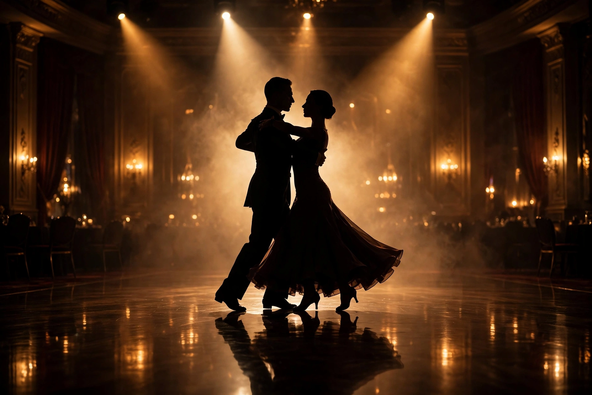Ballroom dance couple in silhouette under warm spotlights on a glossy floor.