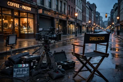 Film set with a director's chair and camera on a city street at dusk.