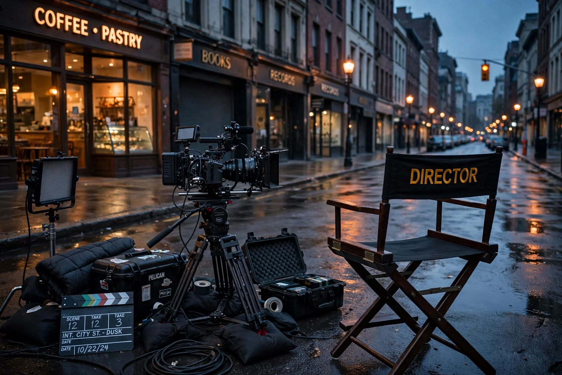 Film set with a director's chair and camera on a city street at dusk.