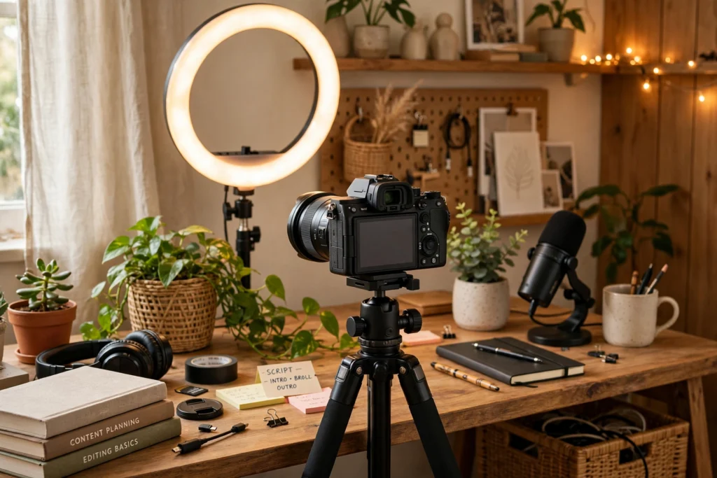 Bright modern kitchen studio with a wooden table set for filming.